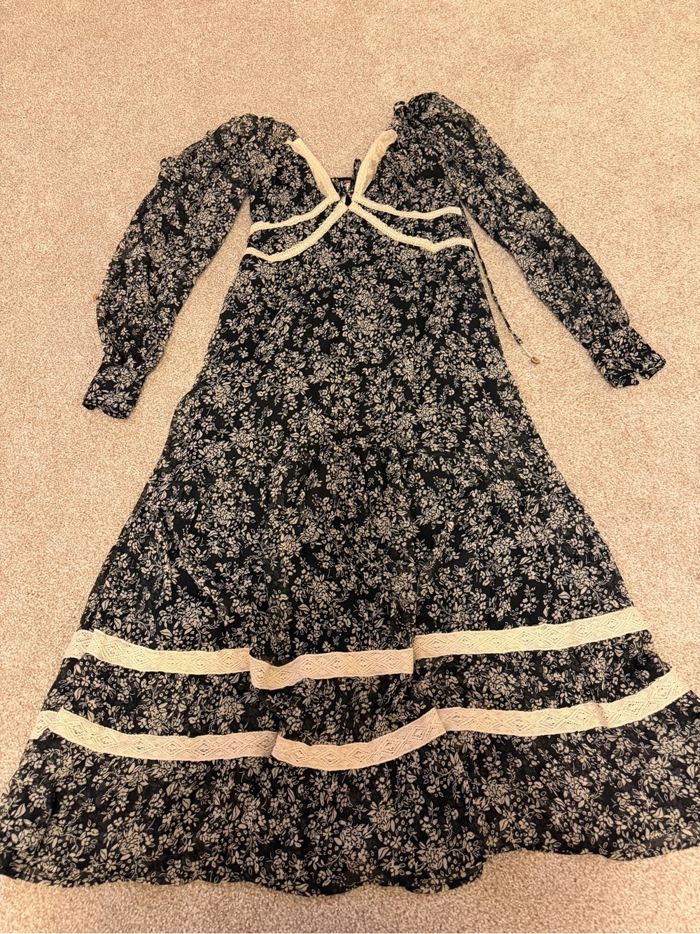 Free People Black Floral Maxi Dress with Cream Trim - Picture 2 of 2